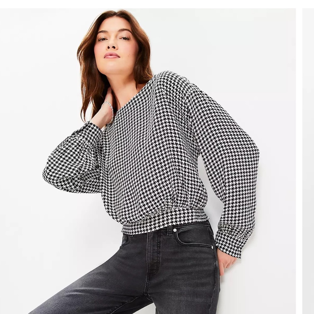 Loft Houndstooth Bubble Hem Blouse Size Large NWOT